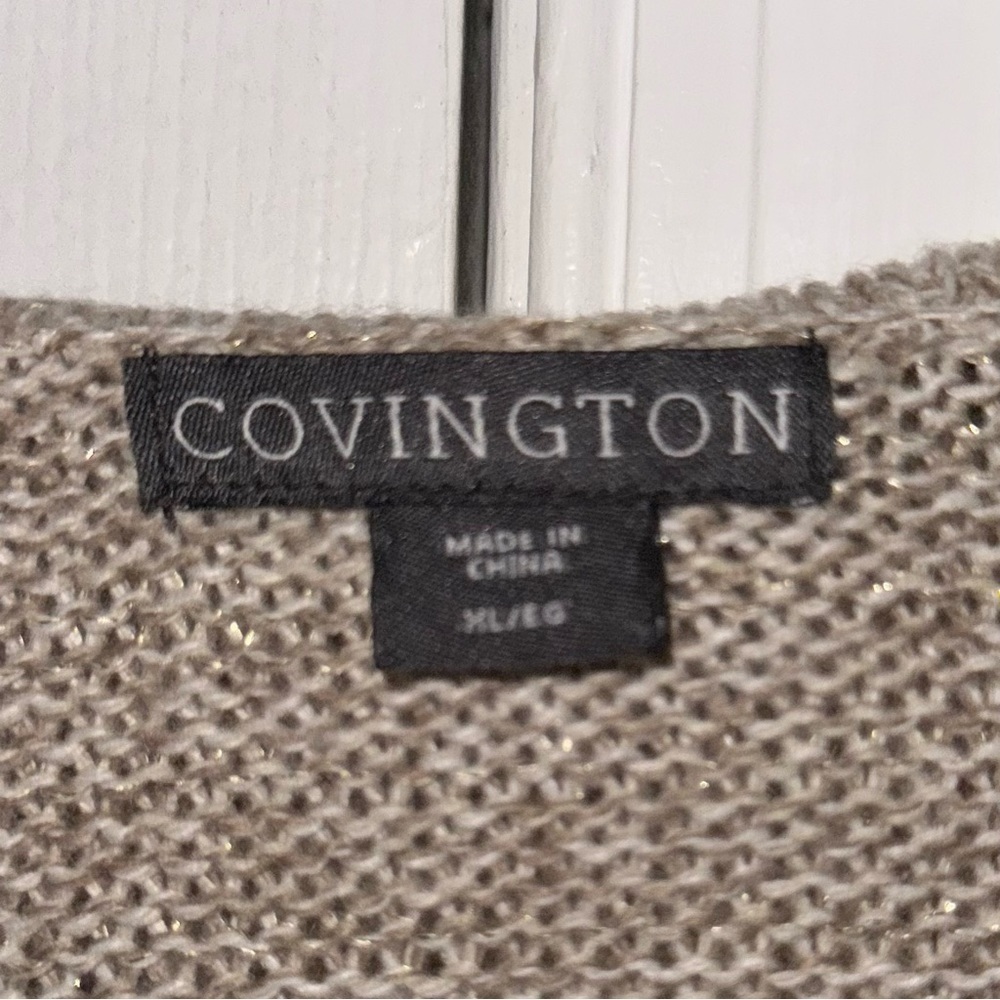 Covington Women's XL Open Front Ruffle Cardigan Oatmeal Beige Metallic Knit - Picture 3 of 15